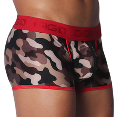 Camouflage print trunks with a red Gigo branded waistband, red trim, and a black zippered front pouch.