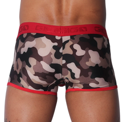 Men's camo-print trunk underwear with a red elastic waistband and red leg trim.
