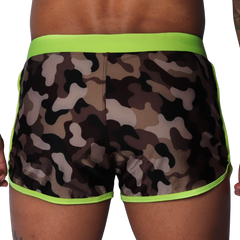 Camouflage print beach shorts with neon yellow waistband and trim, featuring a smooth, athletic fit.