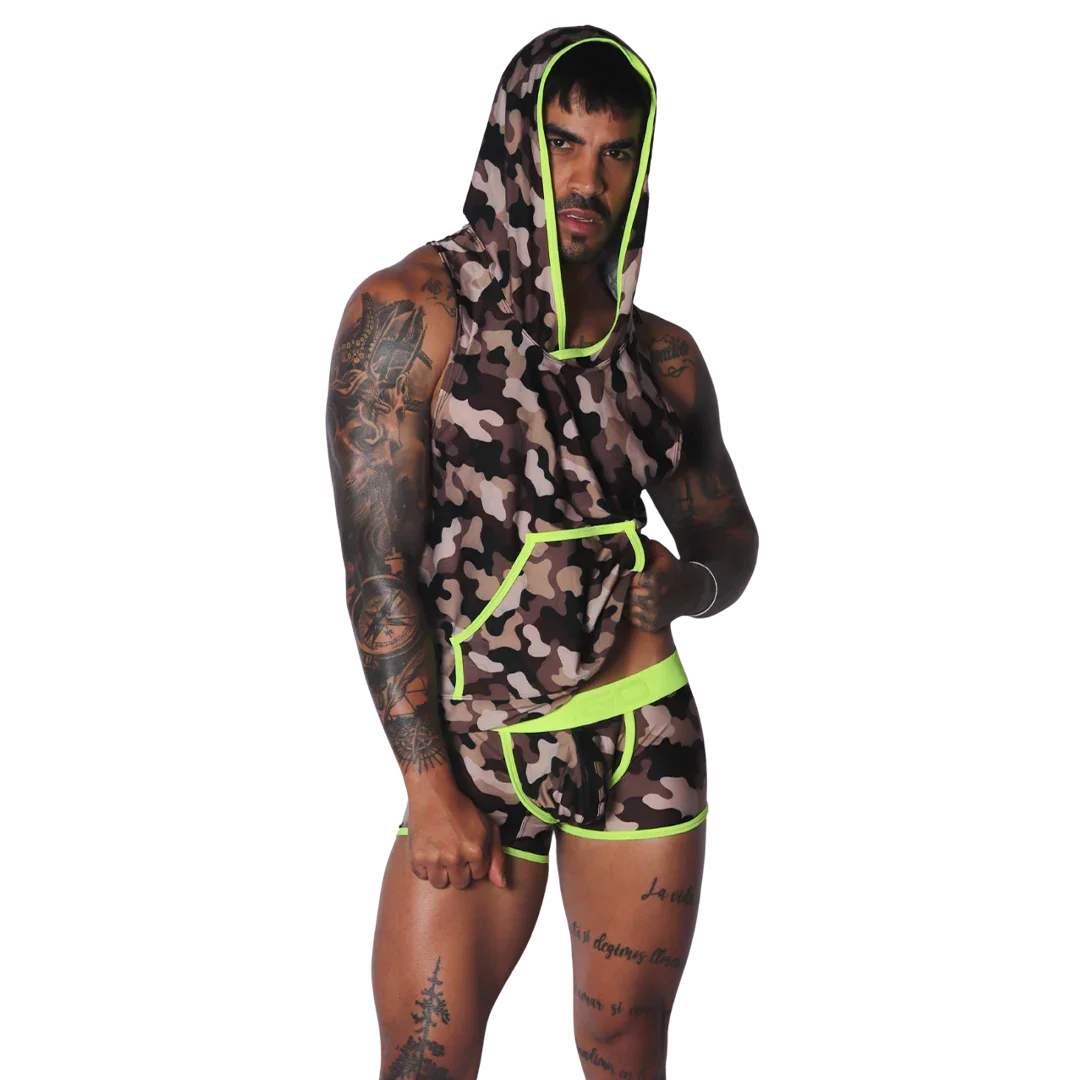 Sleeveless camo-print hooded shirt with neon yellow trim, paired with matching camo boxer briefs.