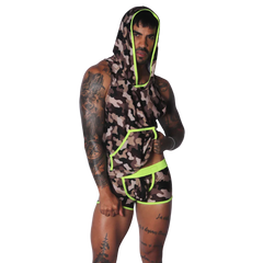 Sleeveless camo-print hooded shirt with neon yellow trim, paired with matching camo boxer briefs.