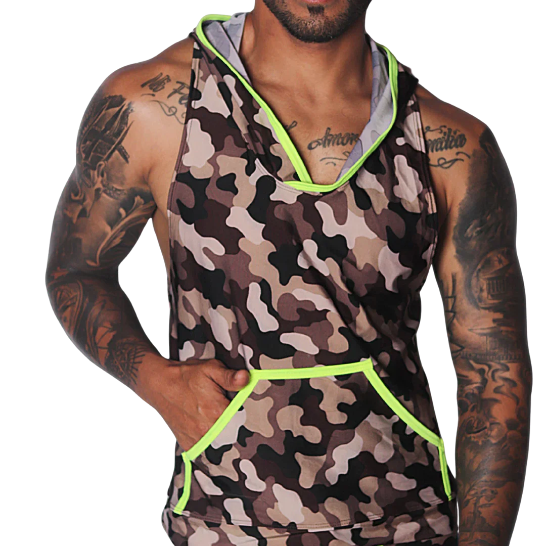 Sleeveless brown camouflage hoodie tank top with bright neon yellow trim and a front kangaroo pocket.