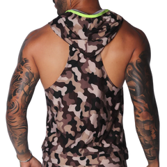 Sleeveless camouflage print hooded gym tank top with neon yellow trim detailing.
