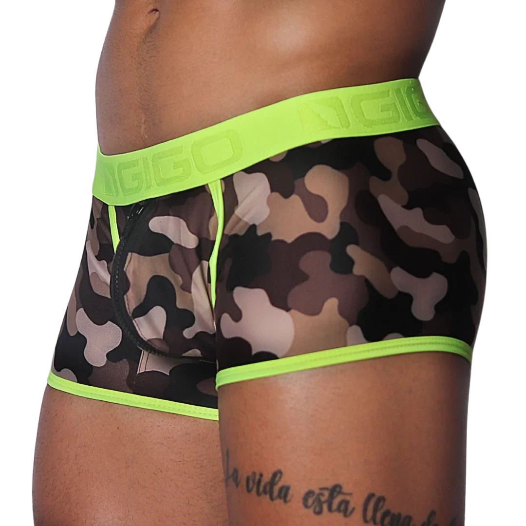 Camouflage print trunk with sheer mesh fabric, neon yellow trim, logo waistband, and front zipper detail.