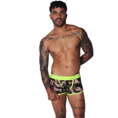 Camouflage print trunk with a neon yellow waistband and trim, featuring a front-center zipper detail.
