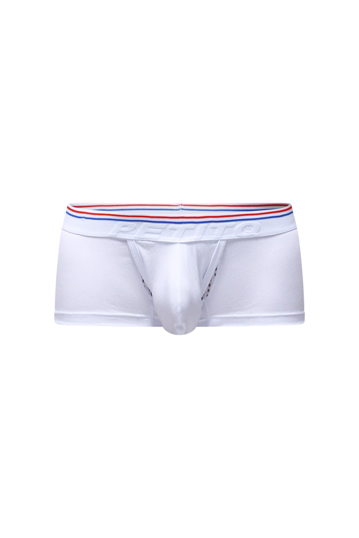 White petitq trunk algun briefs with red white and blue striped dentifo embossed waistband