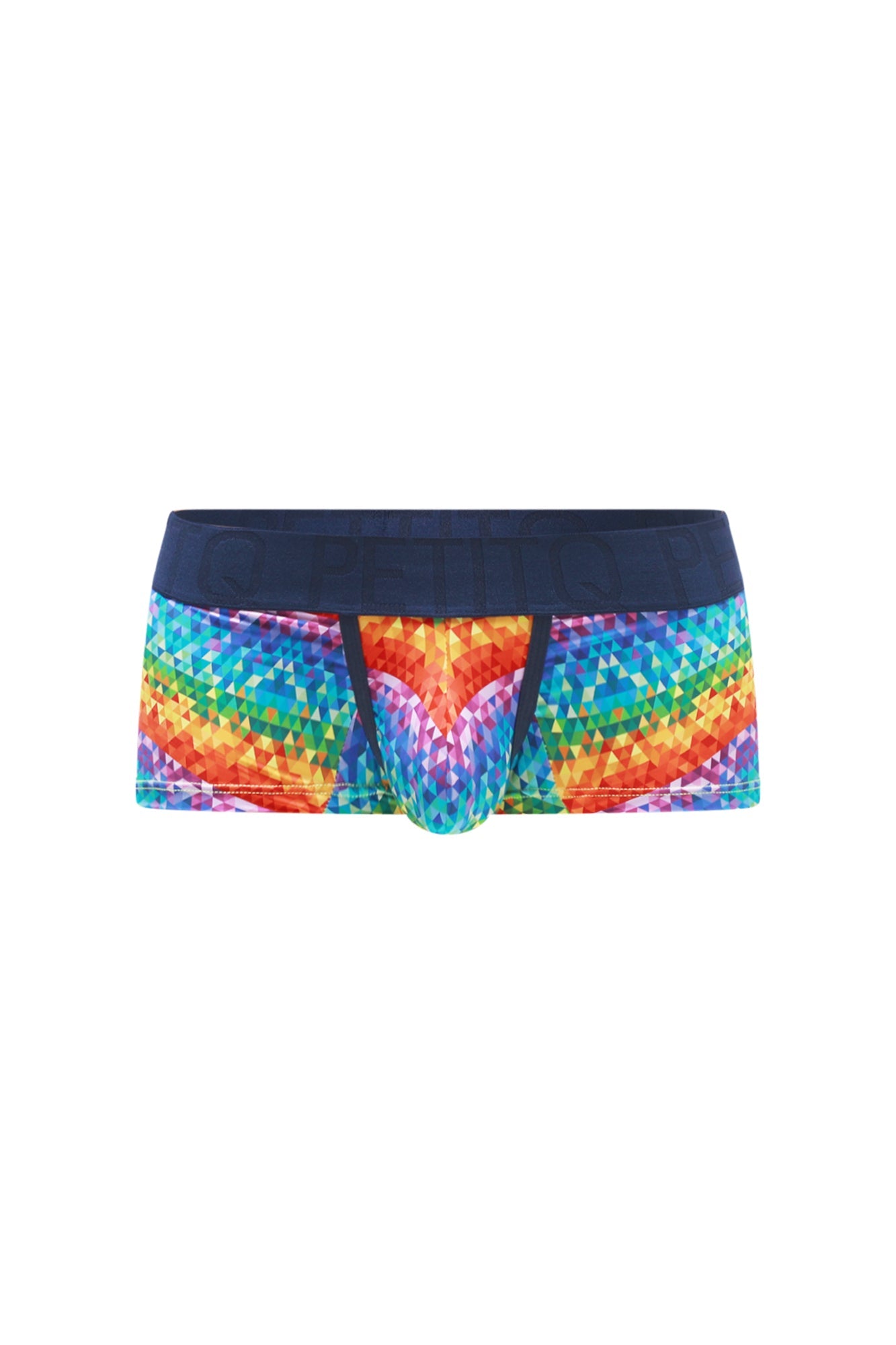 PetitQ boxer brief kaleidoscope rainbow-colored geometric pattern mens briefs with navy blue waistband