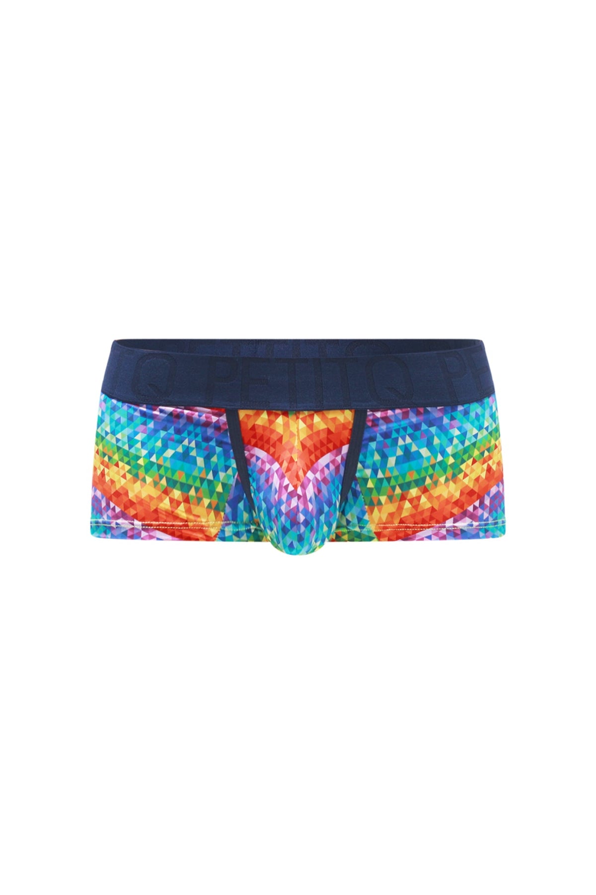 PetitQ boxer brief kaleidoscope rainbow-colored geometric pattern mens briefs with navy blue waistband