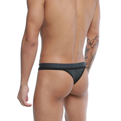 Black u-station talent thong with solid waistband and textured fabric in gray shown from the back side