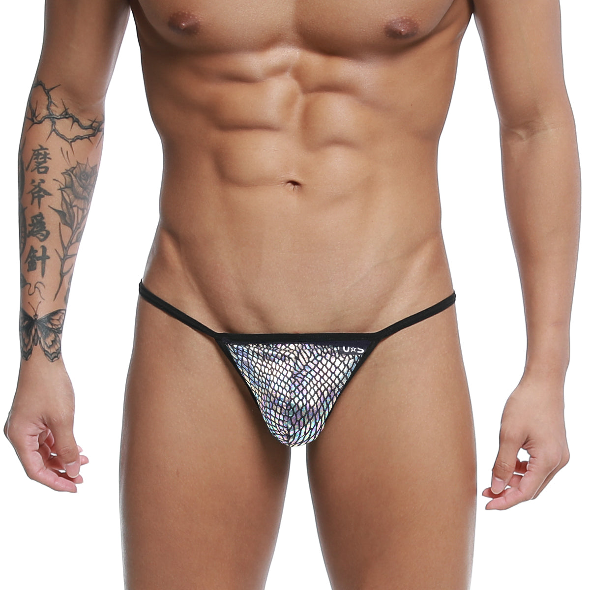Black-trimmed mesh thong with a shimmering iridescent pattern u-station string thong technic u0304-992 front view