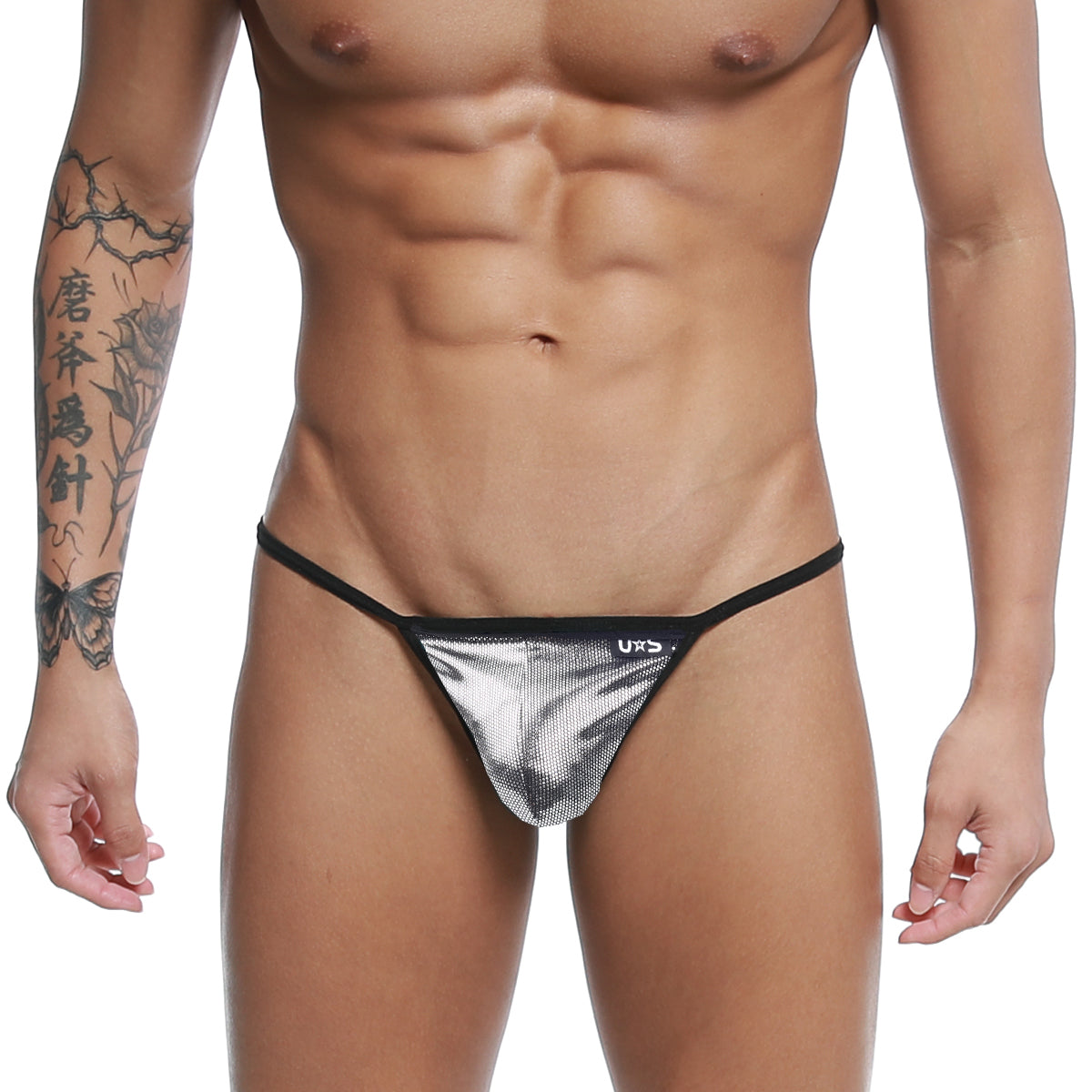 Silver metallic mesh string thong with black trim and small uxs logo on waistband u-station u0304-993