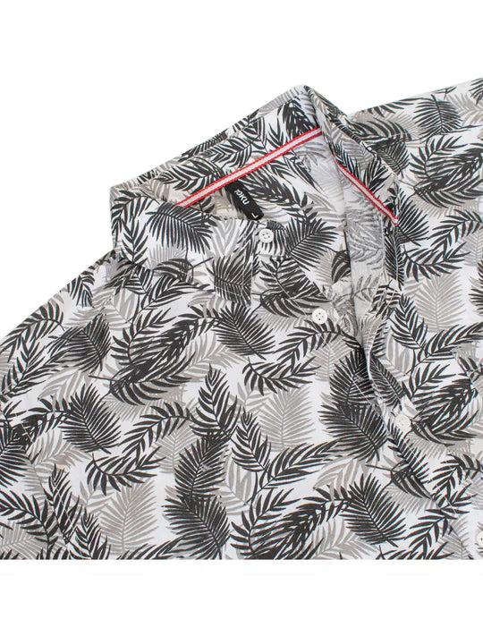 Toku palm print shirt white button-up with black and gray tropical palm leaves and pink inner collar trim