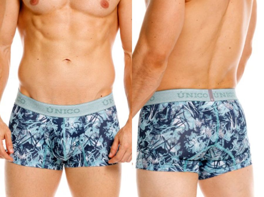 Unico 26040100112 blue and white abstract patterned boxer briefs with light blue elastic waistband and único branding