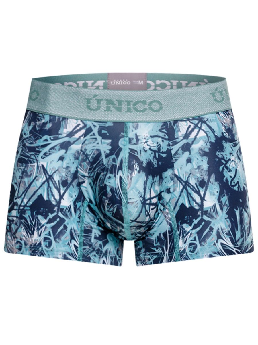 Men’s blue and teal graffiti patterned boxer briefs with matching unico logo elastic waistband trunks color 43-blue