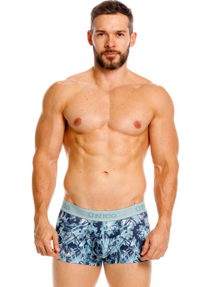 Men’s blue and white tropical leaf patterned boxer briefs with light gray unico waistband trunks color 43 blue