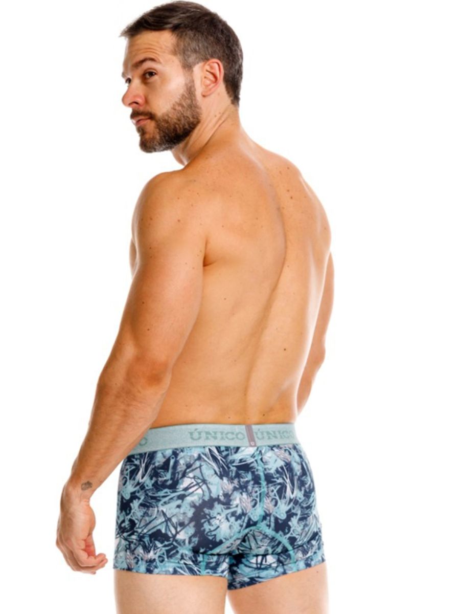 Men’s unico 26040100112 blue and white tropical leaf patterned boxer briefs with light gray unico waistband