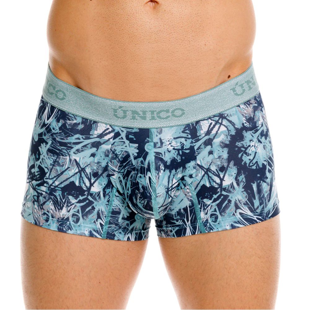 Blue and teal graffiti pattern boxer briefs with light gray unico branded elastic waistband style 26040100112