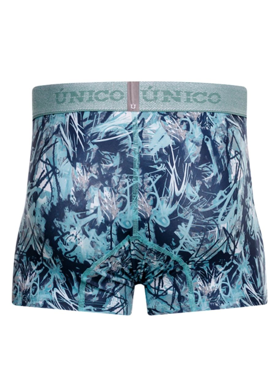 Teal and navy blue patterned unico men’s boxer briefs with a textured waistband in color 43 blue
