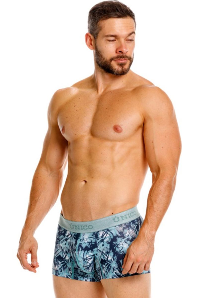 Men’s blue and white tropical leaf patterned briefs with light gray unico waistband trunks color 43-blue