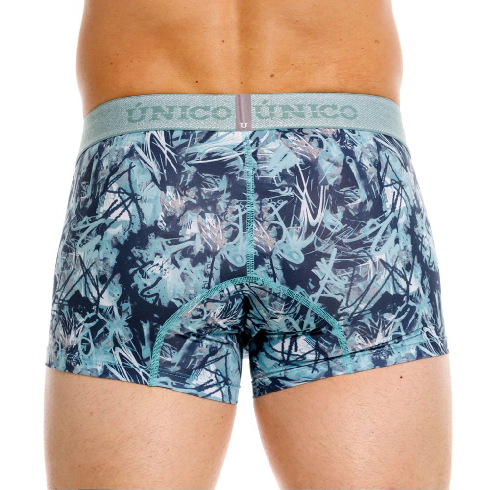 Blue and black graffiti-patterned boxer briefs with light gray unico waistband in trunks style color 43-blue