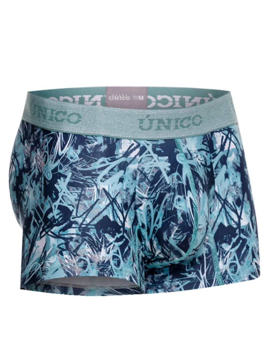 Unico men’s boxer briefs in navy and teal graffiti print with matching elastic waistband for comfortable daily wear