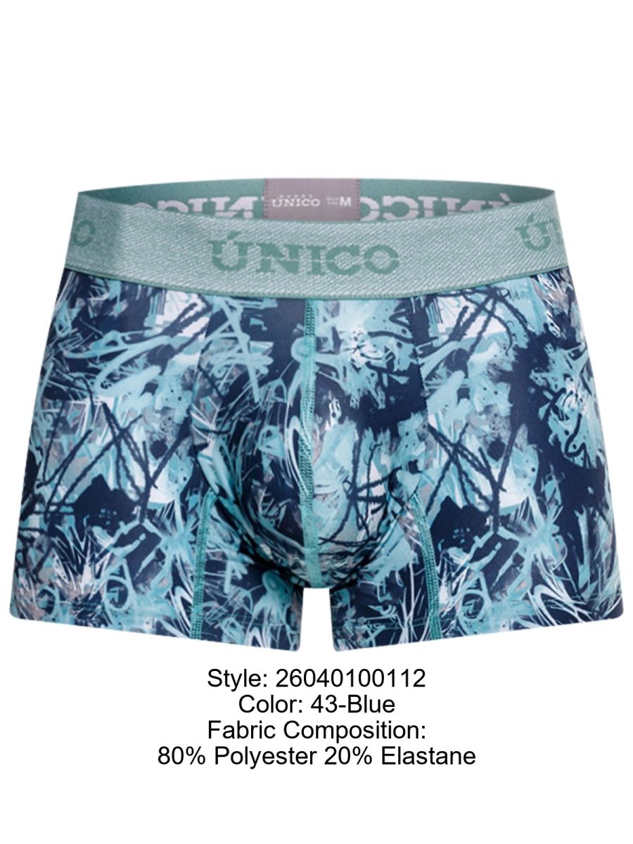 Blue and teal abstract graffiti patterned men’s boxer briefs by único with stretchy elastic waistband in color 43-blue