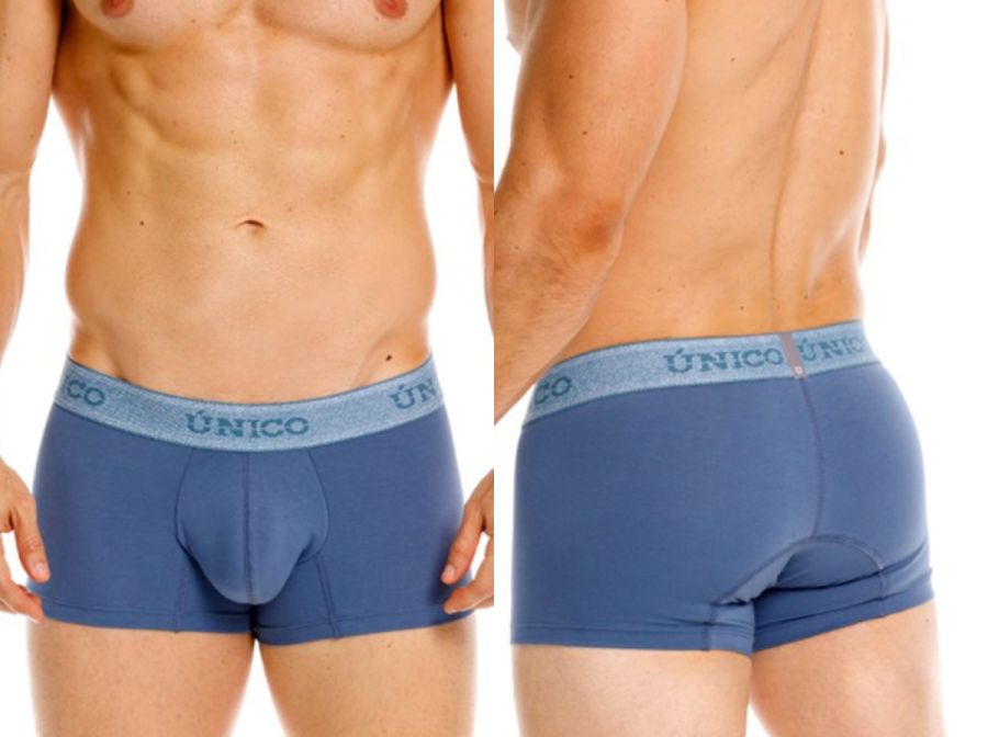Blue unico boxer briefs with a light blue elastic waistband featuring the brand name classic trunks premium mens essential