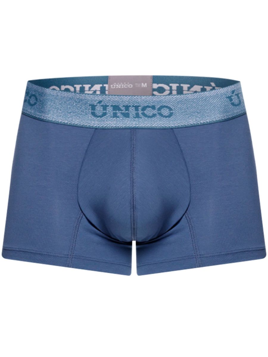 Blue unico men’s boxer briefs with textured waistband and matching blue branding in classic teal premium trunk style