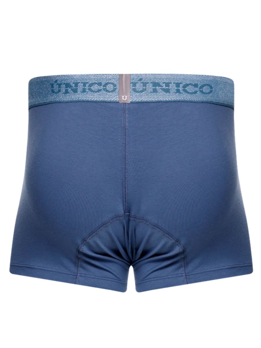 Blue unico premium men’s everyday essential classic trunks in teal with matching waistband featuring brand logo