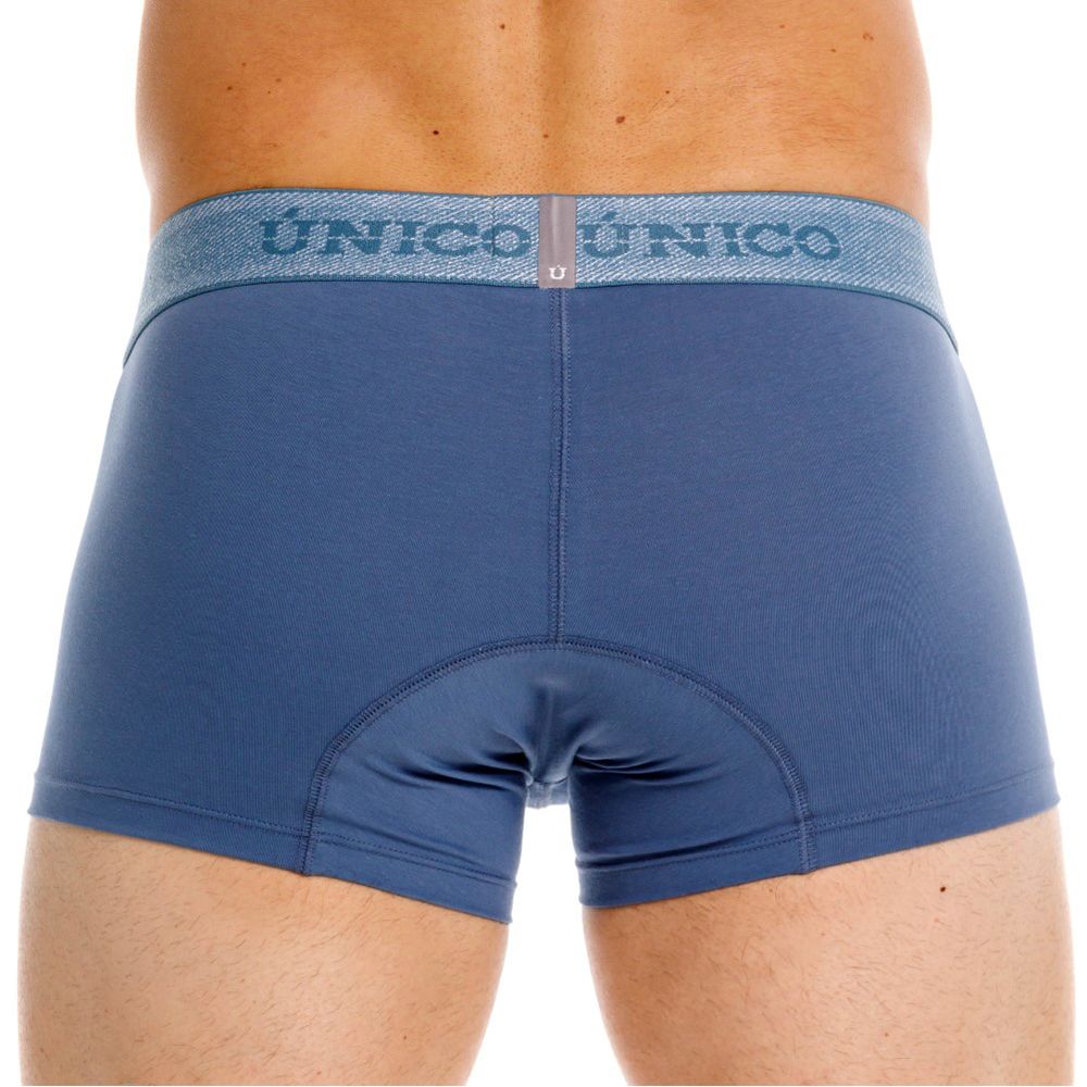 Blue unico boxer briefs with textured waistband featuring brand name in gray classic trunks premium everyday essential