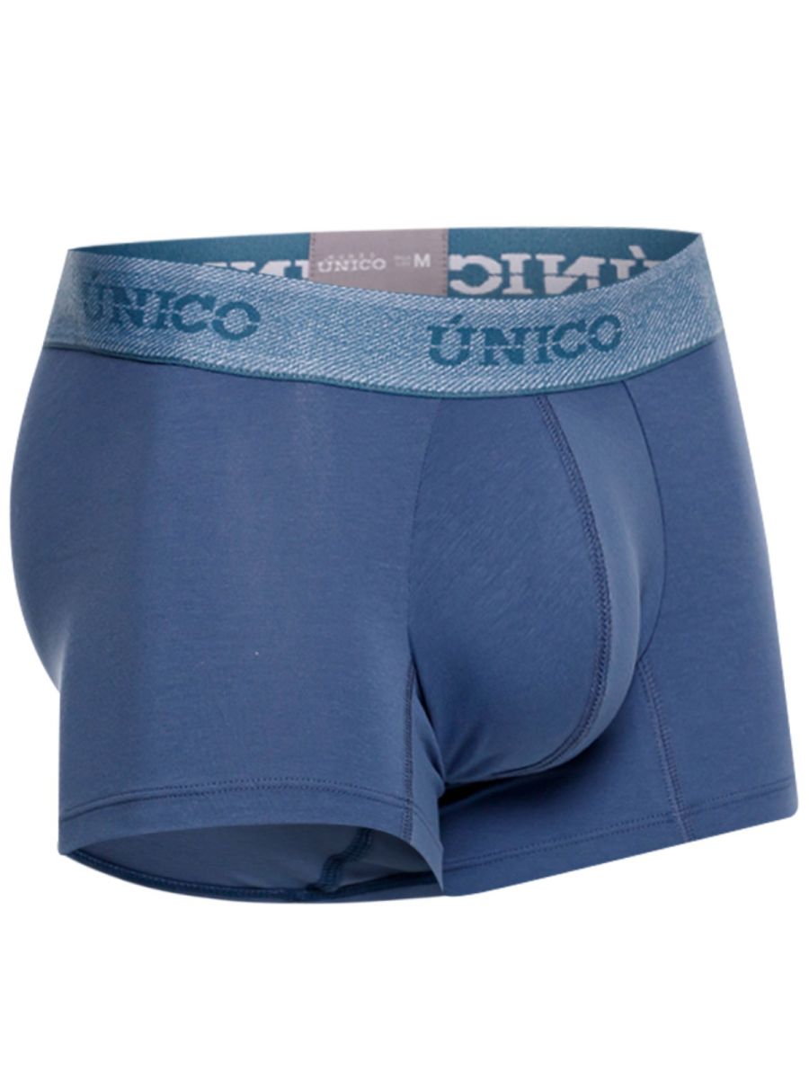 Blue unico men’s boxer briefs with a textured waistband featuring the brand name in teal for everyday wear