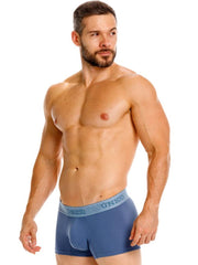 Blue unico boxer briefs with matching elastic waistband in teal color premium men’s everyday essential trunks