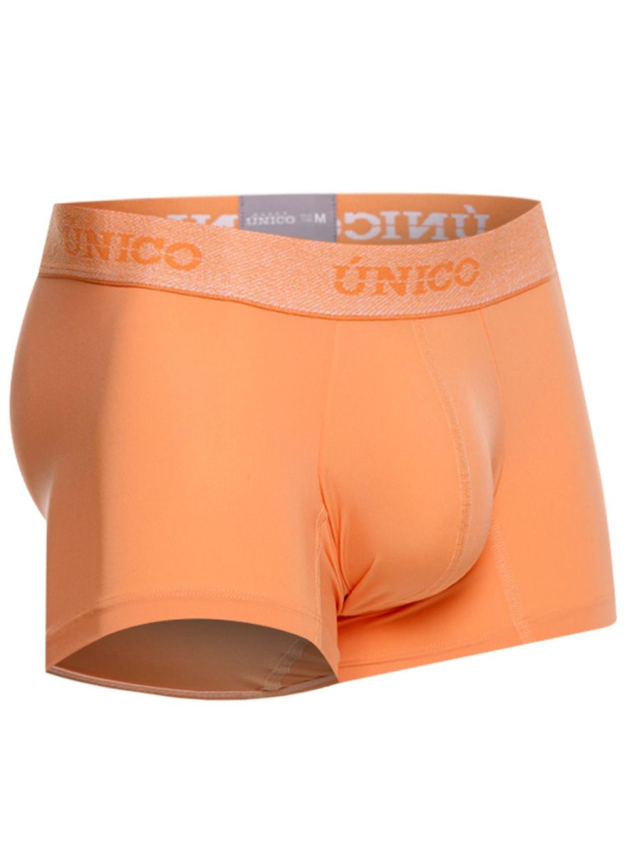 Orange unico men’s boxer briefs with matching elastic waistband featuring brand name in orange lettering for premium support and style
