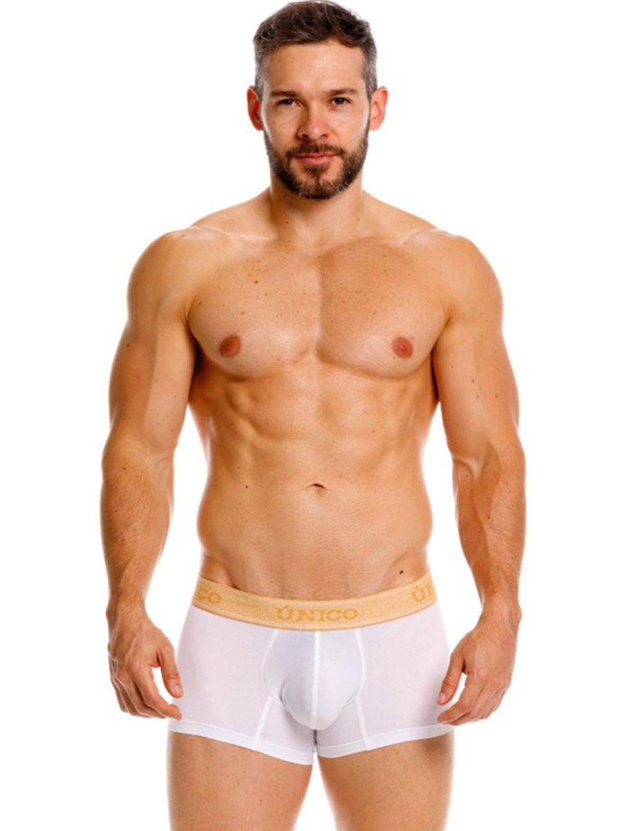 White Unico 26040100125 Amber trunks premium athletic fit briefs with tan elastic waistband and gold Unico lettering