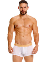 White Unico 26040100125 Amber trunks premium athletic fit briefs with tan elastic waistband and gold Unico lettering