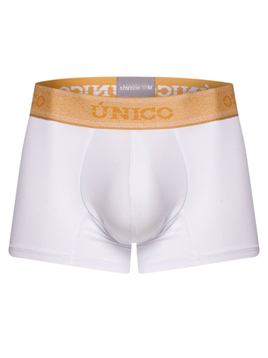 White boxer briefs with gold unico elastic waistband premium athletic fit lightweight breathable fabric