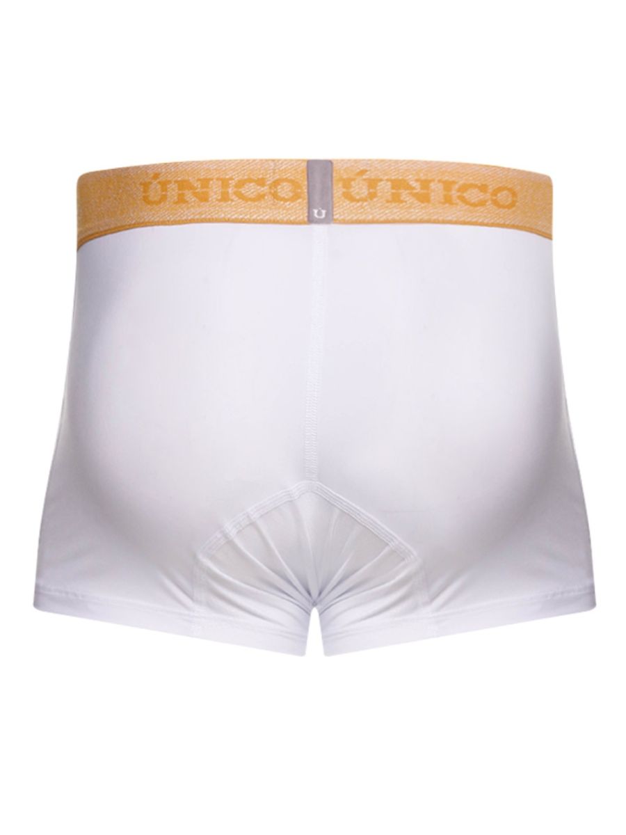 White único trunks with tan waistband and gold lettering premium athletic fit for active wear