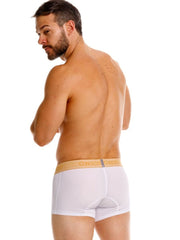 White men’s premium athletic fit briefs with light beige elastic waistband and gold unico logo in amber trunks style
