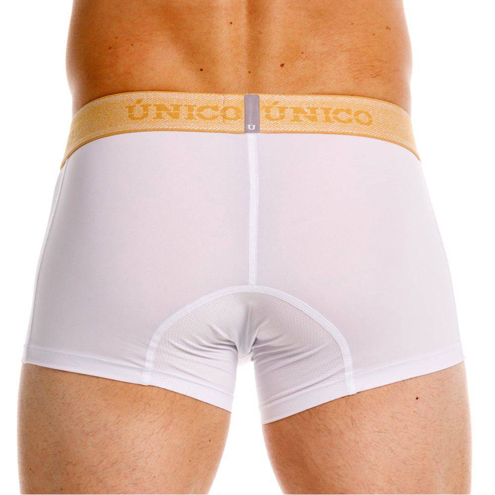White unico boxer briefs with gold waistband featuring brand name in matching lettering premium athletic fit