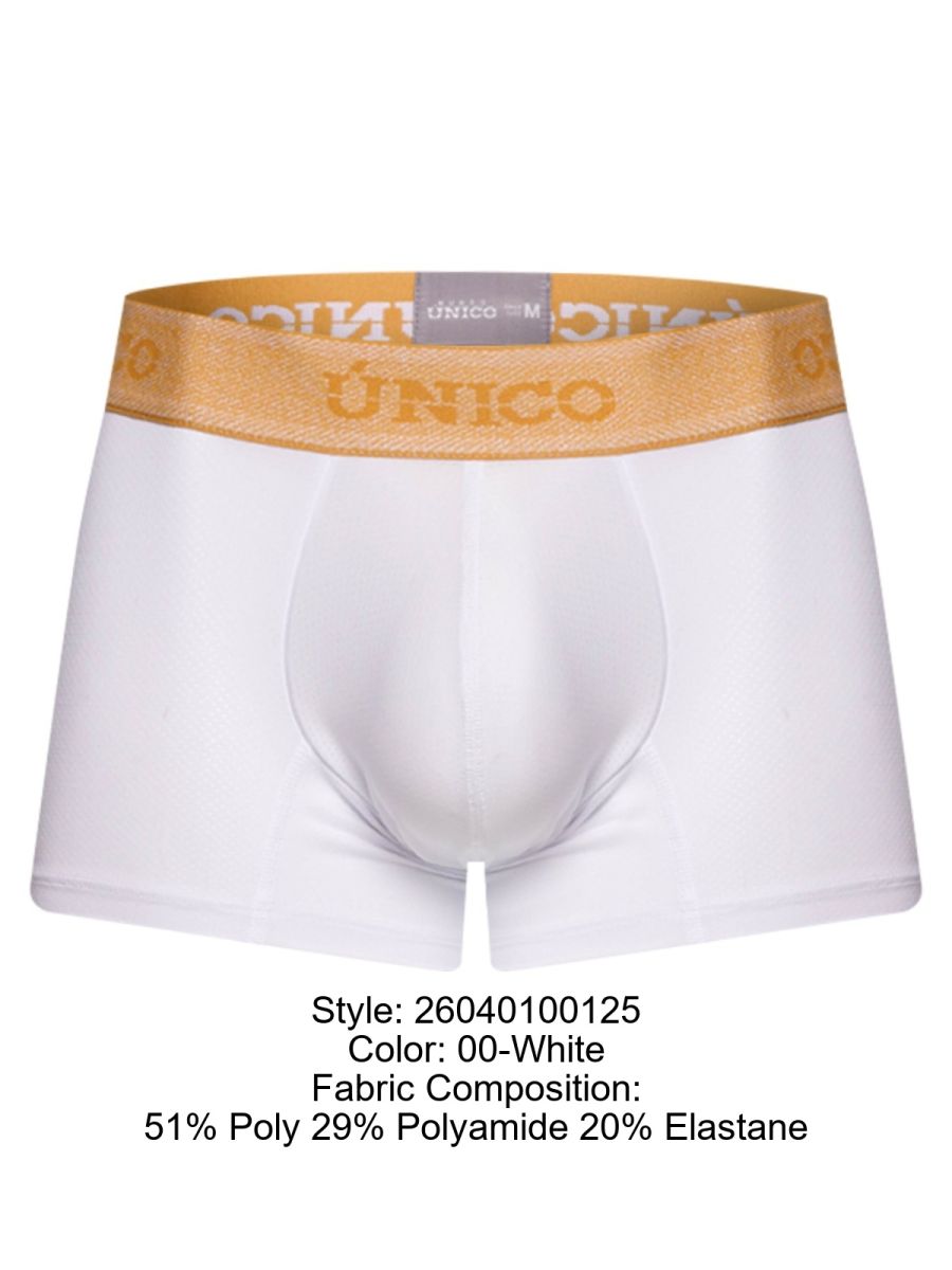 White unico men’s briefs with gold elastic waistband featuring brand name in matching lettering premium athletic fit