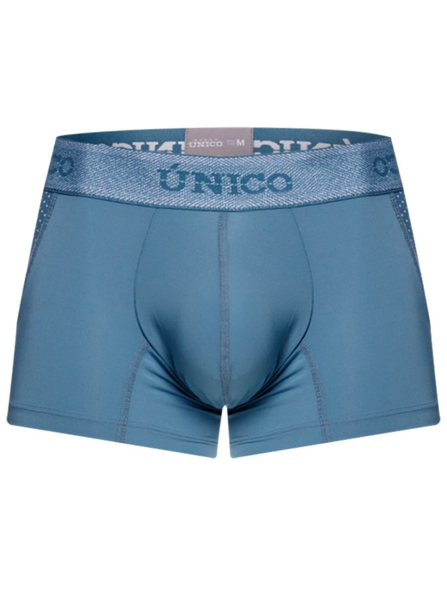 Blue unico men’s boxer briefs with textured waistband and subtle side panels for premium athletic comfort