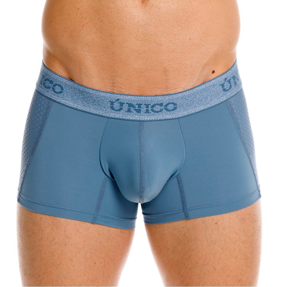 Blue unico boxer briefs with textured waistband and perforated side panels for premium athletic comfort