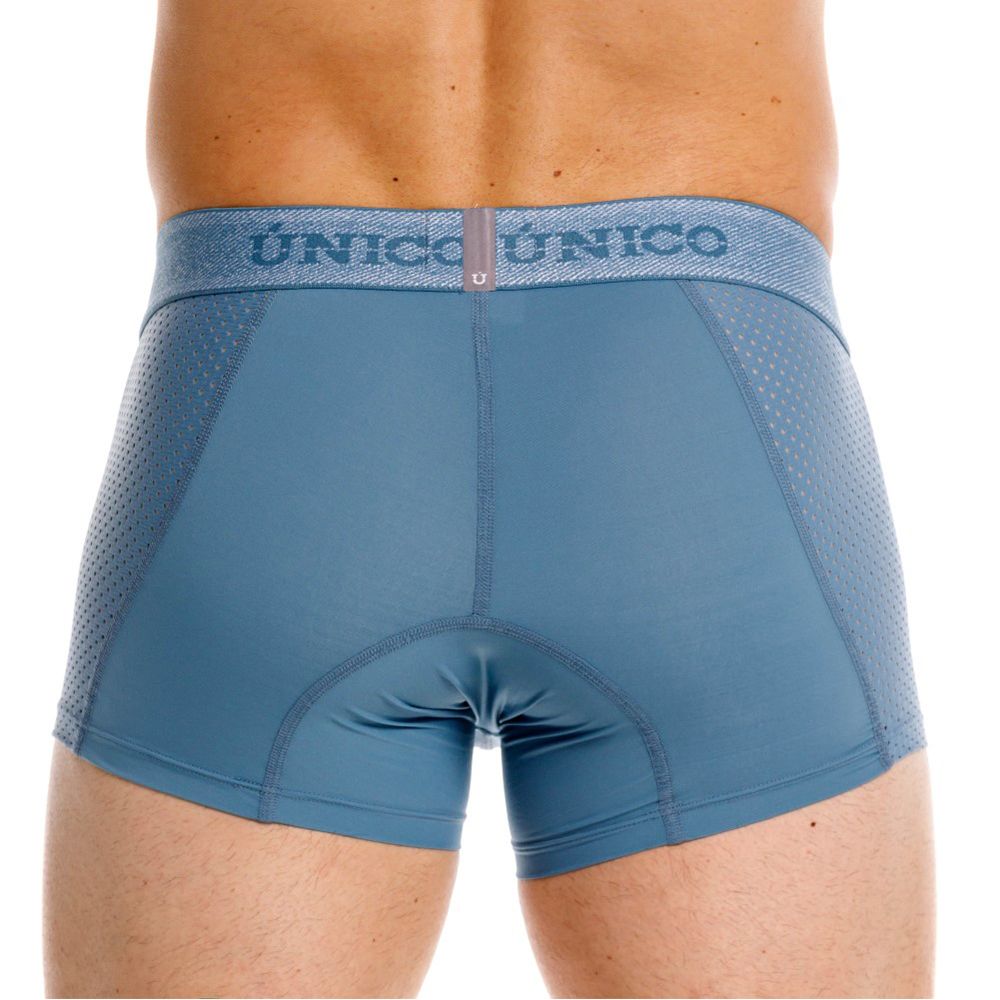 Blue unico classic trunks with mesh panel and brand logo waistband in color 46 blue premium athletic comfort