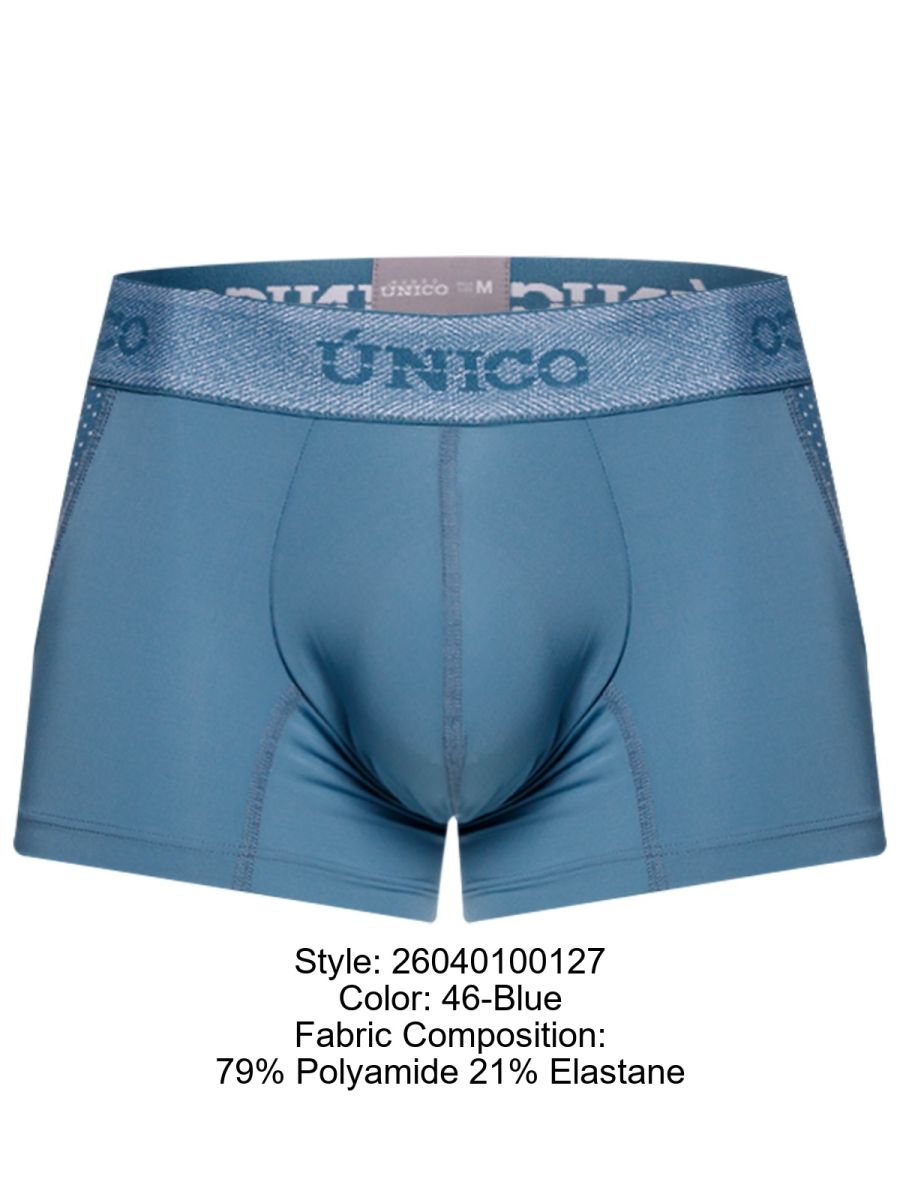 Unico 26040100127 classic trunks in blue feature light blue men’s boxer briefs with textured shimmer waistband and stretchy polyamide elastane blend