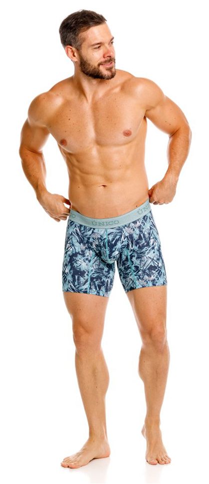 Blue and white tropical leaf patterned boxer briefs with light blue elastic waistband by Unico in color 43-Blue