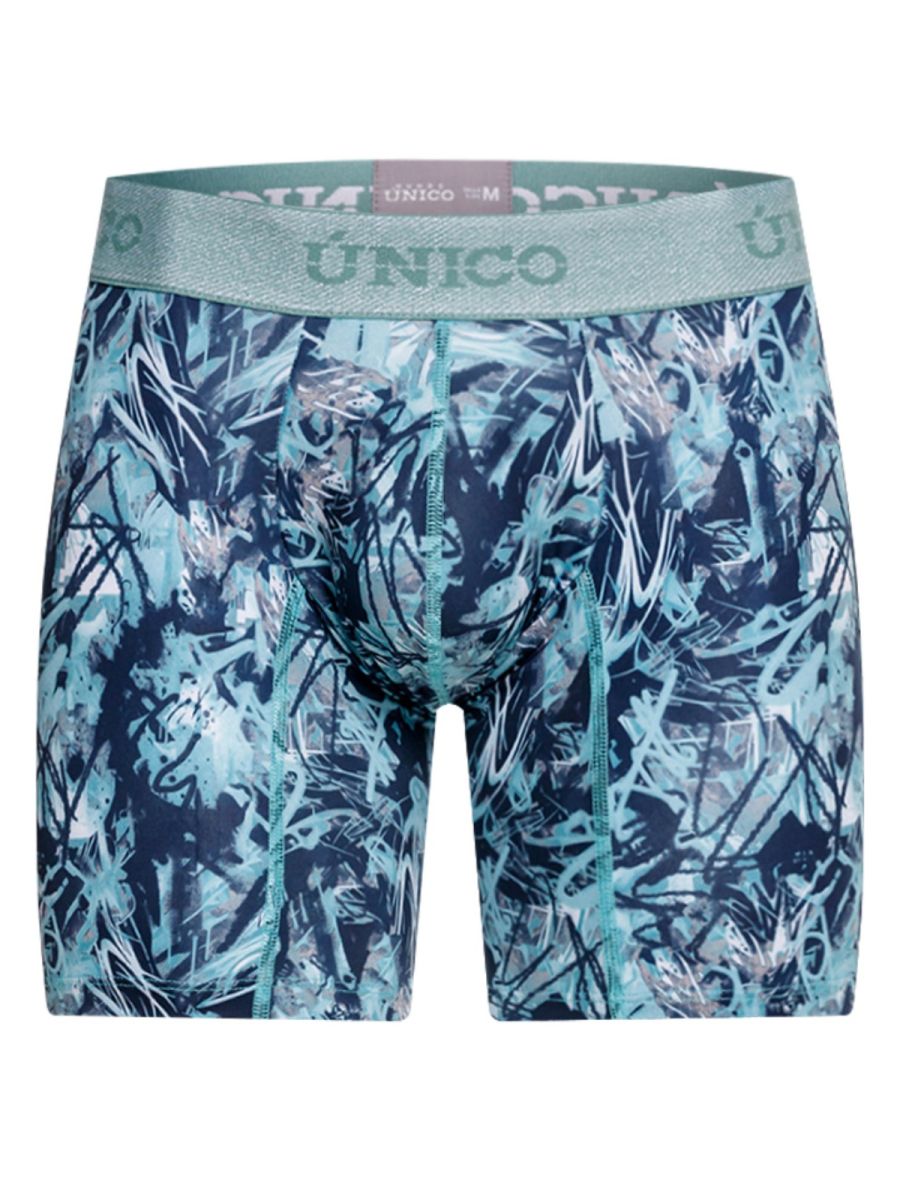 Unico 26040100212 men’s boxer briefs in teal and navy blue with graffiti pattern and matching elastic waistband
