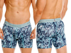 Men’s unico 26040100212 blue and teal tropical leaf patterned boxer briefs with light gray waistband