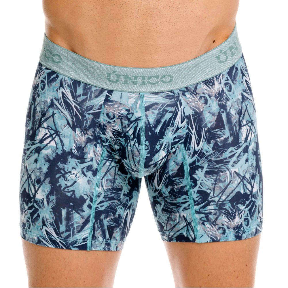 Unico 26040100212 men’s boxer briefs with dark blue and teal abstract graffiti pattern and matching elastic waistband
