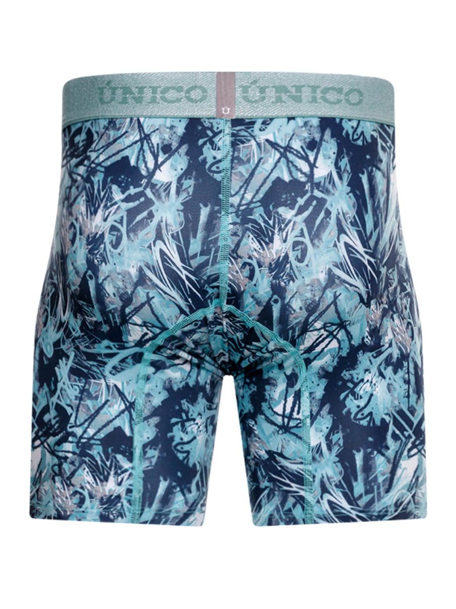 Unico 26040100212 men’s boxer briefs with vibrant teal navy blue white graffiti print on stretchy fabric with matching waistband