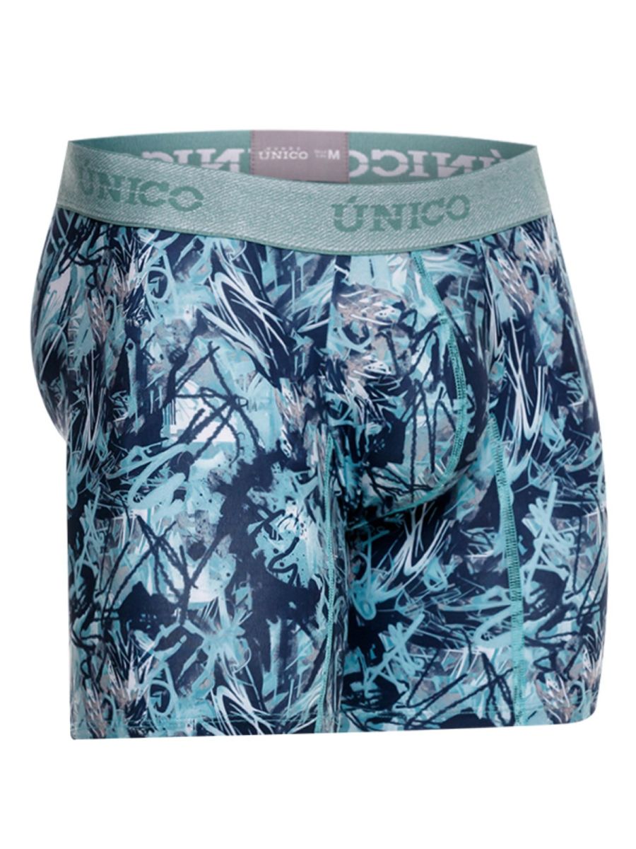 Teal and navy blue unico men’s boxer briefs with graffiti pattern and matching elastic waistband in color 43-Blue